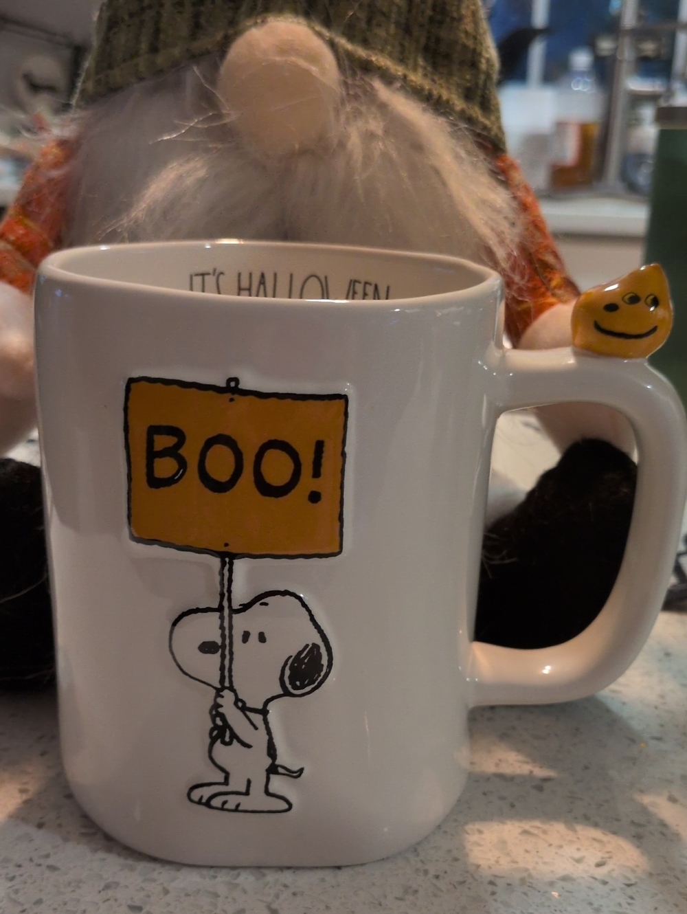 RAE DUNN Peanuts White Ceramic Mug with Orange Pumpkin Accent